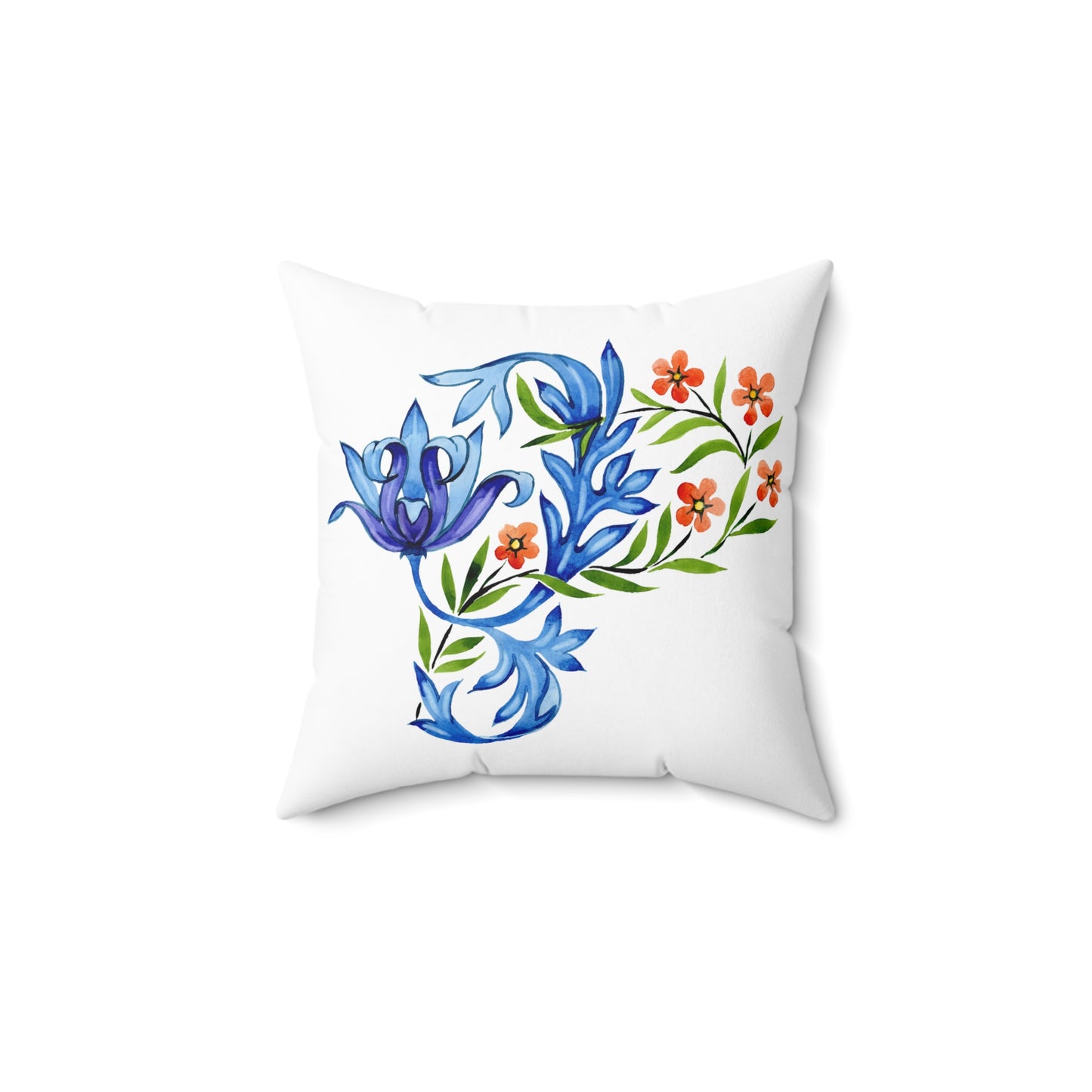 Floral Decorative Pillow with Blue and Orange Design, Home Decor, Couch Cushion, Gift for Her, Botanical Accent Pillow