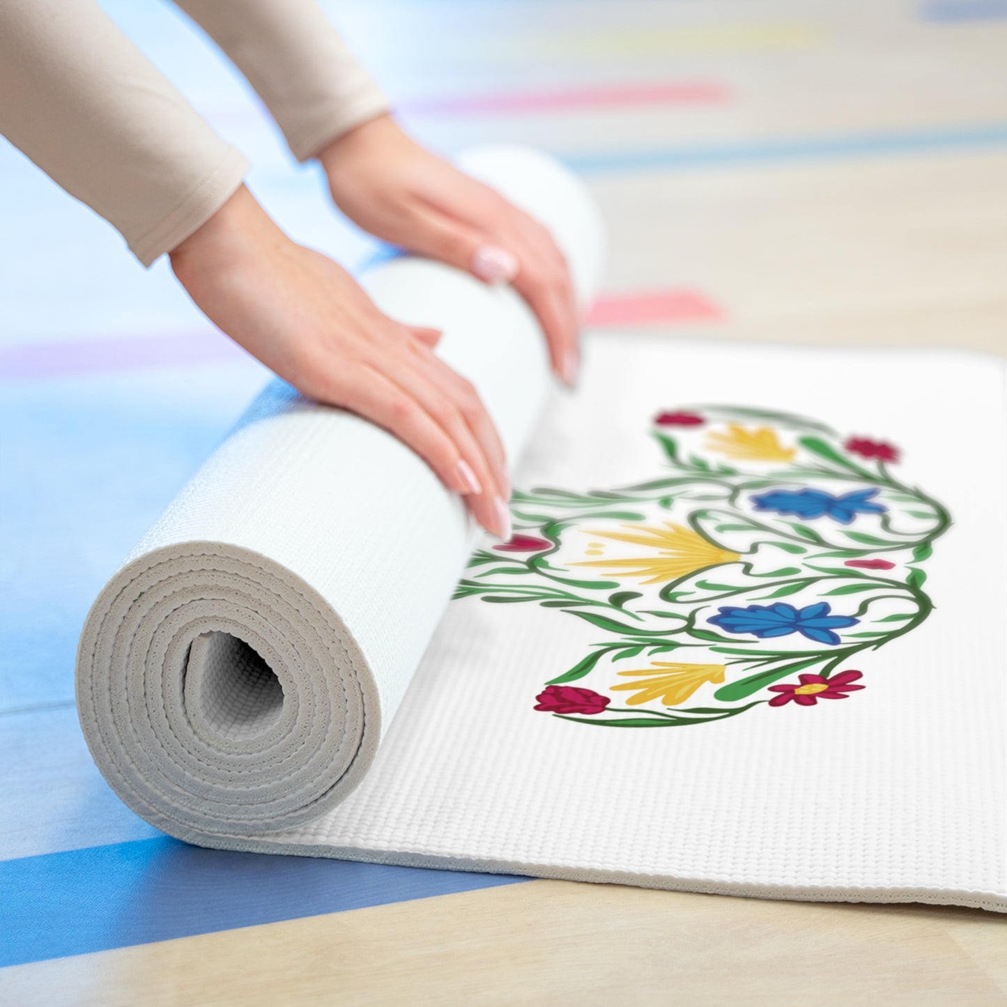 Artistic Foam Yoga Mat, Eco-Friendly Exercise Mat, Non-Slip Yoga Mat, Meditation Mat, Floral Design Yoga Gear