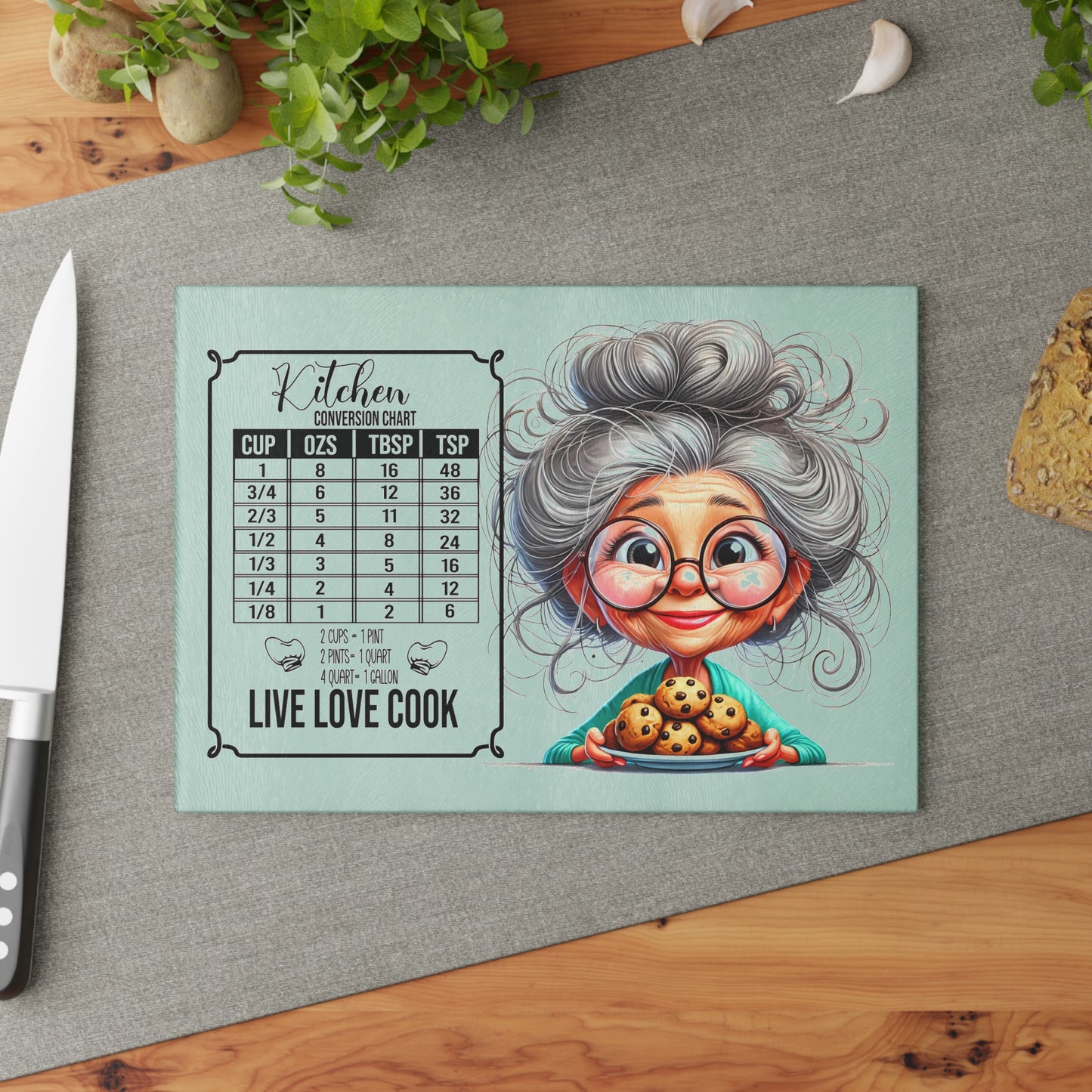 Charming Glass Cutting Board with Cooking Conversion Chart, Kitchen Decor, Gift for Cooks, Live Love Cook Chef's Tool, Grandma Gift