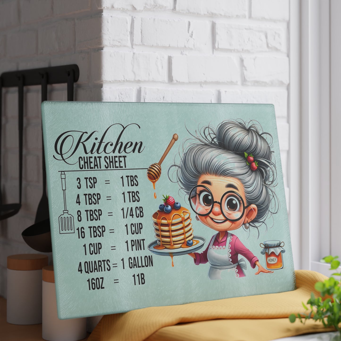 Charming Grandma Kitchen Cutting Board, Kitchen Decor, Cooking Gift, Unique Housewarming Gift, Chef Cheat Sheet Glass Board
