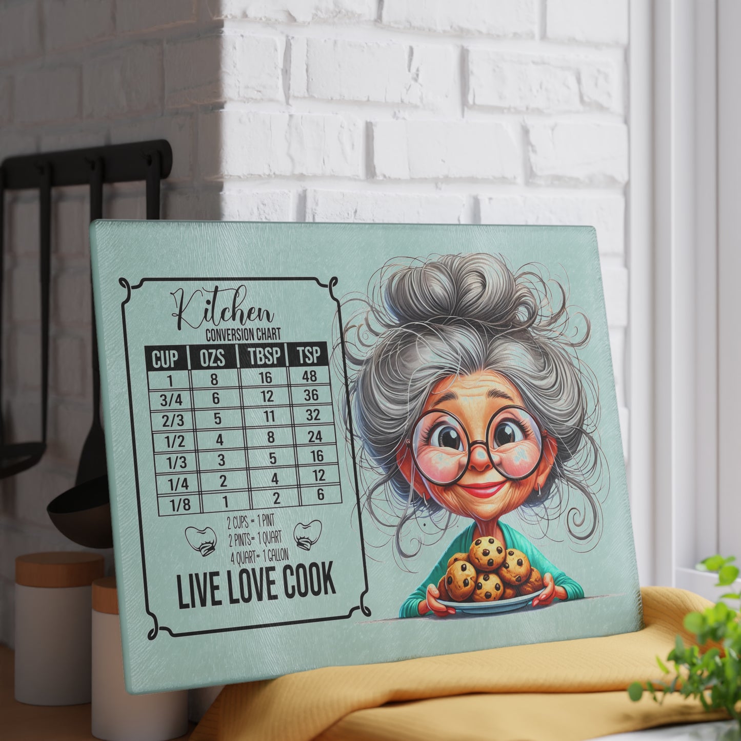Charming Glass Cutting Board with Cooking Conversion Chart, Kitchen Decor, Gift for Cooks, Live Love Cook Chef's Tool, Grandma Gift