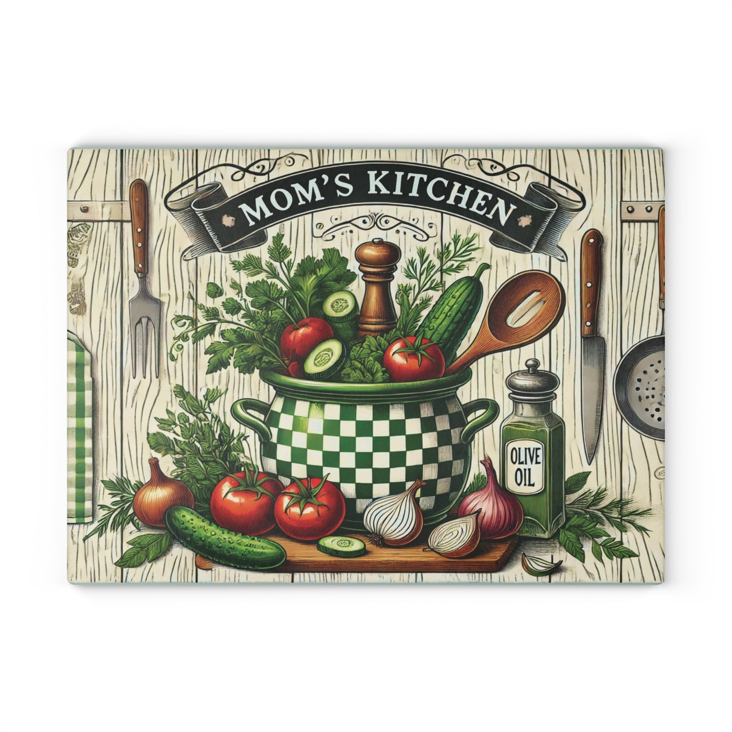 Rustic Kitchen Glass Cutting Board, Mom's Kitchen Decor, Unique Gift for Cooking Enthusiasts, Housewarming Gift, Farmhouse Kitchen