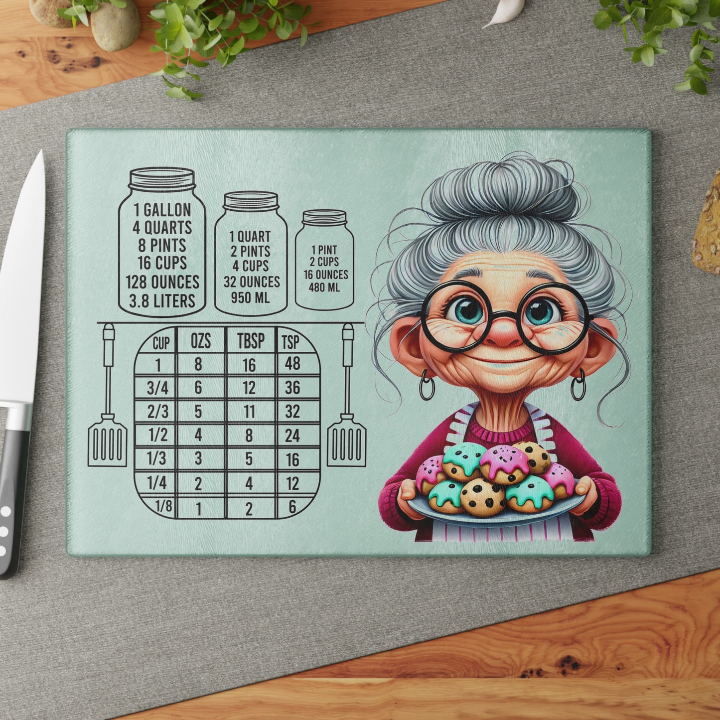 Whimsical Grandma Cooking Glass Cutting Board, Kitchen Decor, Gifts for Bakers, Funny Home Decor, Housewarming Gift