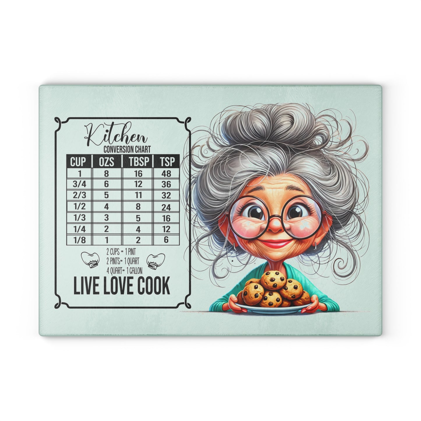 Charming Glass Cutting Board with Cooking Conversion Chart, Kitchen Decor, Gift for Cooks, Live Love Cook Chef's Tool, Grandma Gift