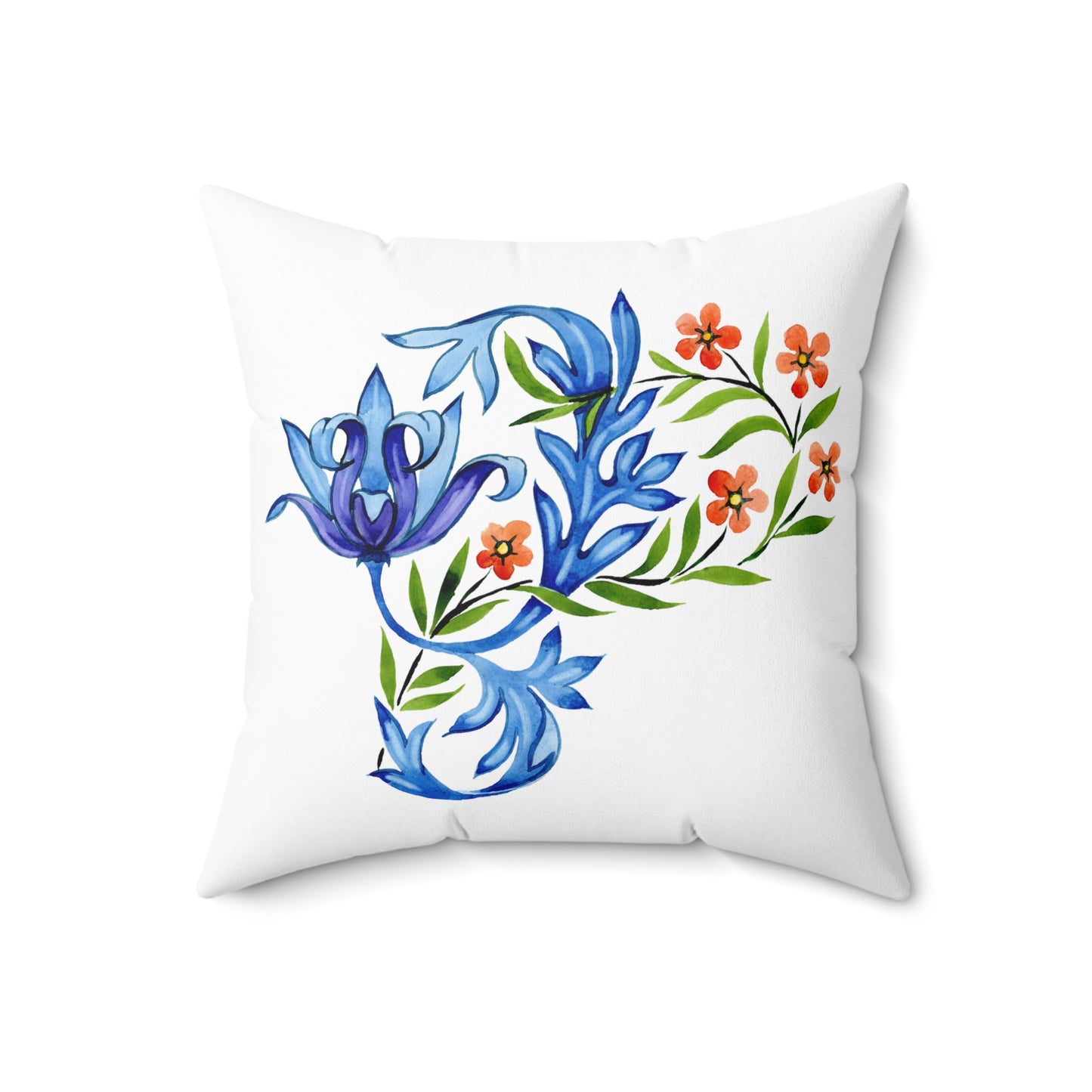 Floral Decorative Pillow with Blue and Orange Design, Home Decor, Couch Cushion, Gift for Her, Botanical Accent Pillow