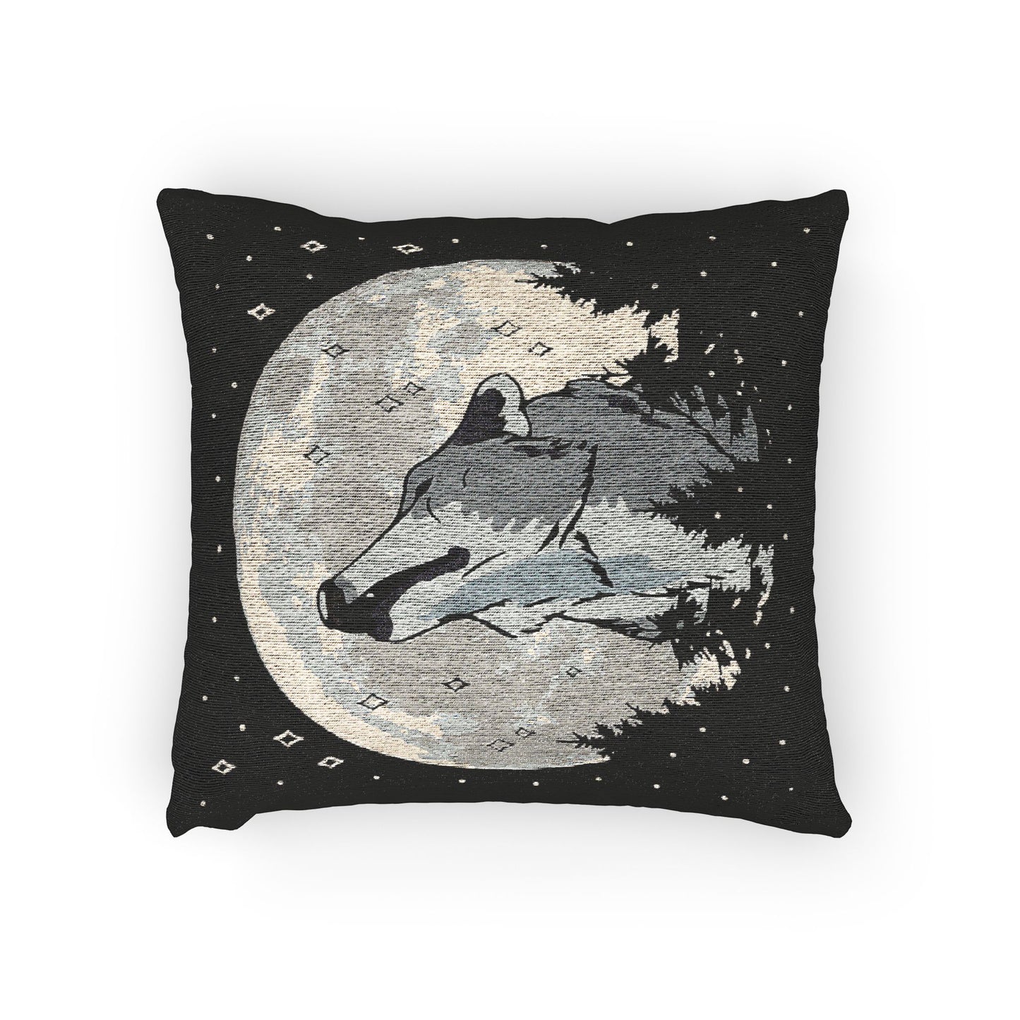 Moonlit Wolf Woven Pillow, Cozy Cabin Decor, Rustic Home Accent, Wolf Lovers Gift, Night Sky Cushion, Unique Animal Throw Pillow