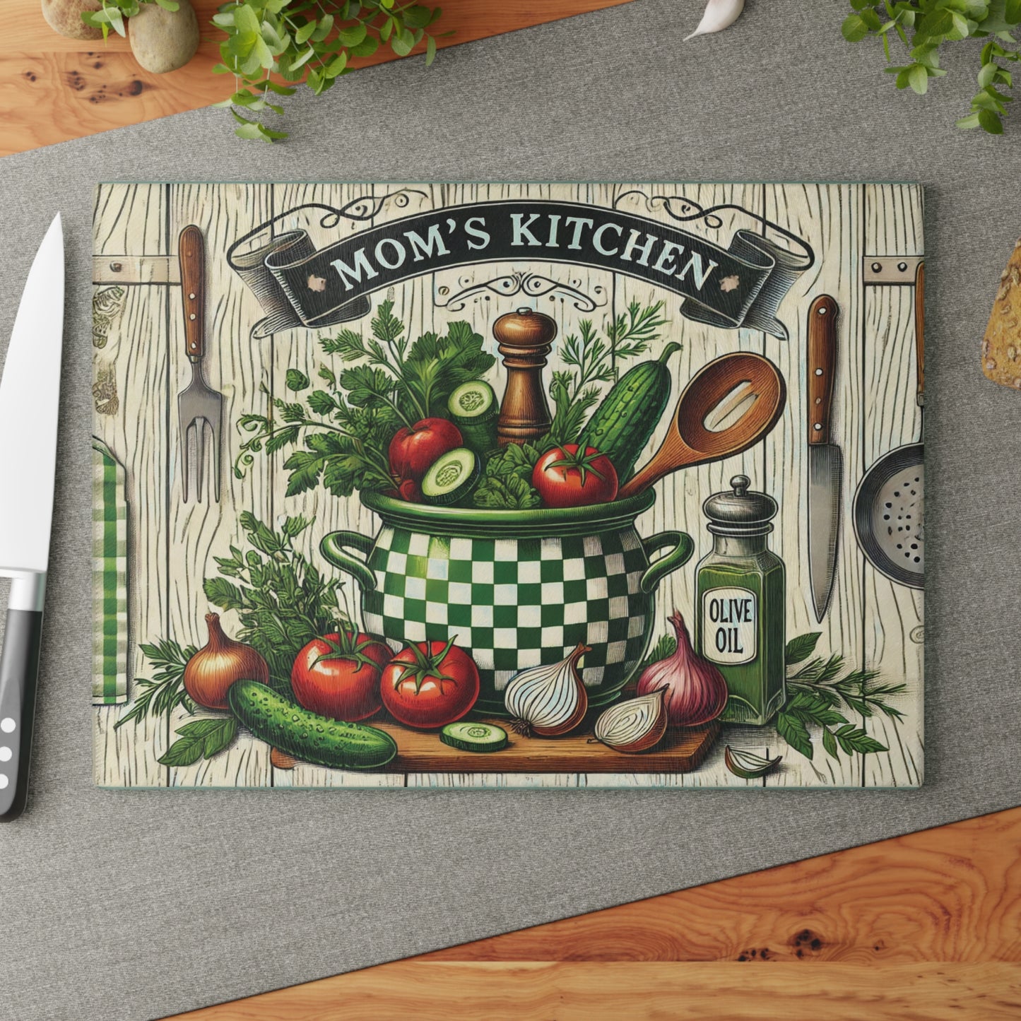 Rustic Kitchen Glass Cutting Board, Mom's Kitchen Decor, Unique Gift for Cooking Enthusiasts, Housewarming Gift, Farmhouse Kitchen
