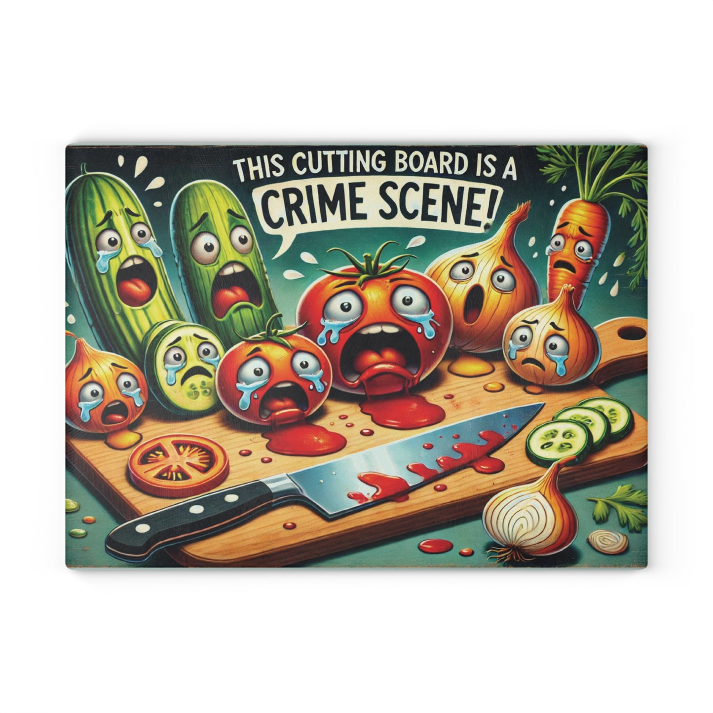 Vibrant Glass Cutting Board - Funny Vegtables Crime Scene Design