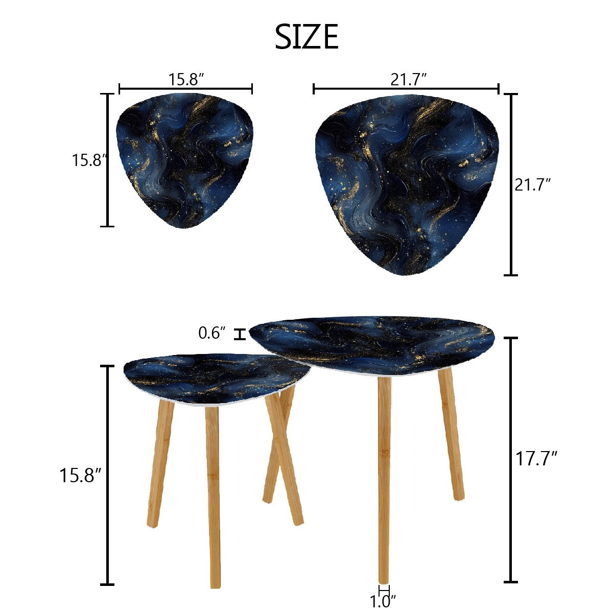 Small Coffee Nesting Table set Luxury Blue Marble Gold Abstract Texture Indigo Ocean Blue marbling Modern Minimalist Side Table Triangle End Tea Table Center Table Set of 2Living Room Bedroom