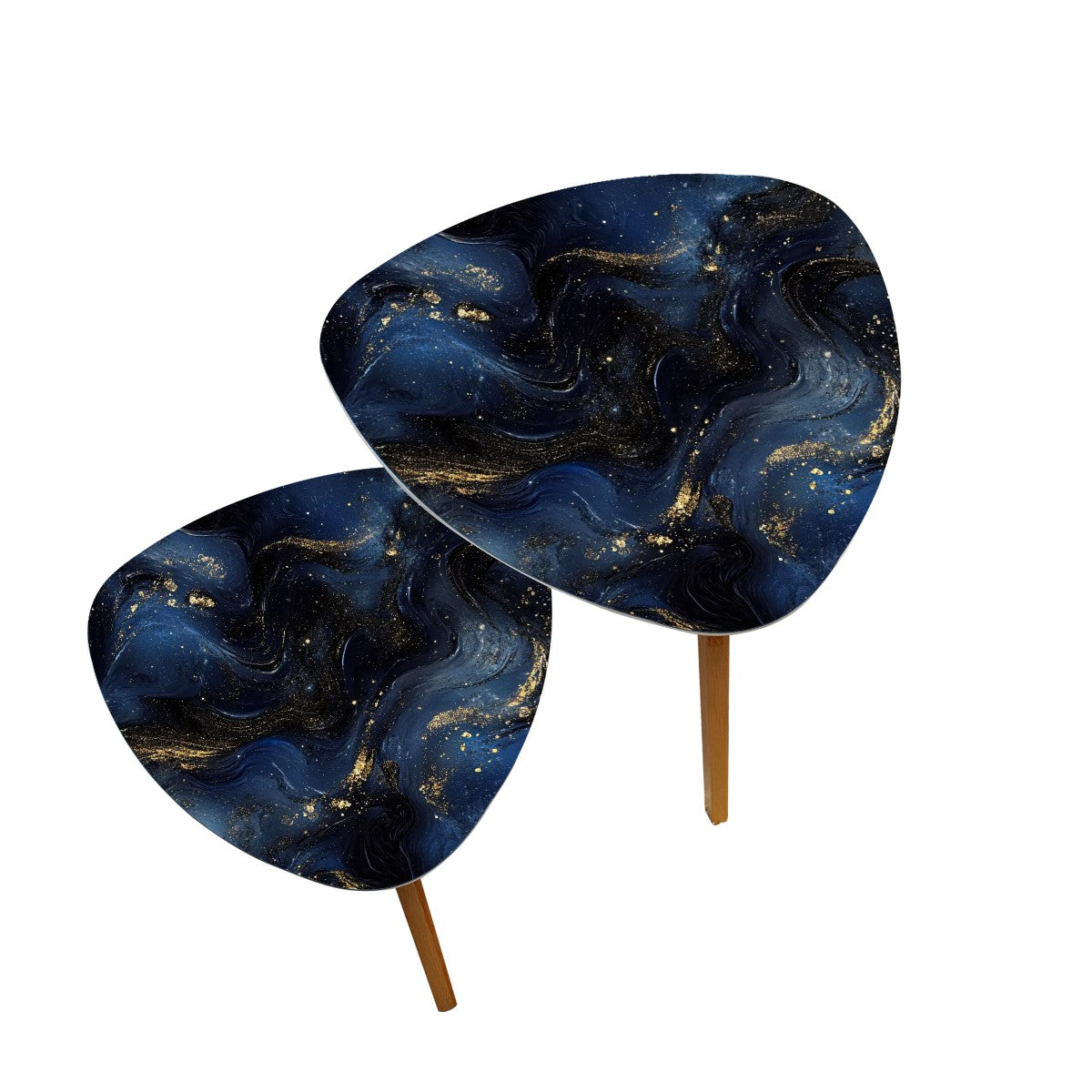 Small Coffee Nesting Table set Luxury Blue Marble Gold Abstract Texture Indigo Ocean Blue marbling Modern Minimalist Side Table Triangle End Tea Table Center Table Set of 2Living Room Bedroom