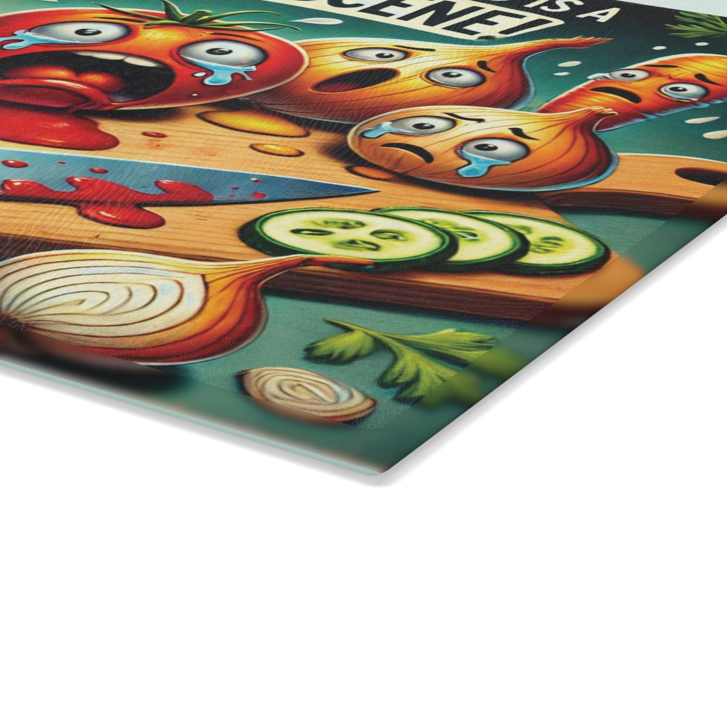 Vibrant Glass Cutting Board - Funny Vegtables Crime Scene Design