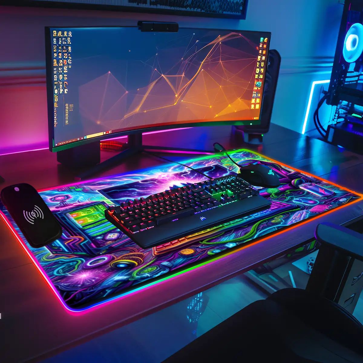 Cyber PC Gaming setup Wireless Charging RGB Mouse Pad (8:3)