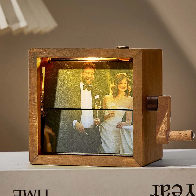 Hand-cranked wooden Custom Photo Flipbook Frame with light, animated anniversary gift