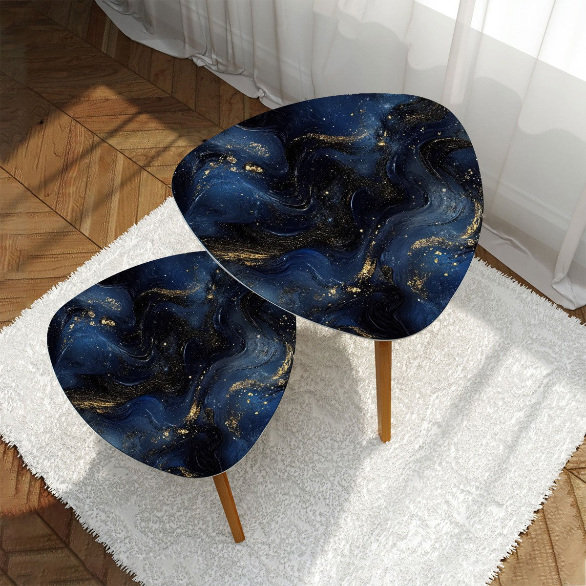 Small Coffee Nesting Table set Luxury Blue Marble Gold Abstract Texture Indigo Ocean Blue marbling Modern Minimalist Side Table Triangle End Tea Table Center Table Set of 2Living Room Bedroom