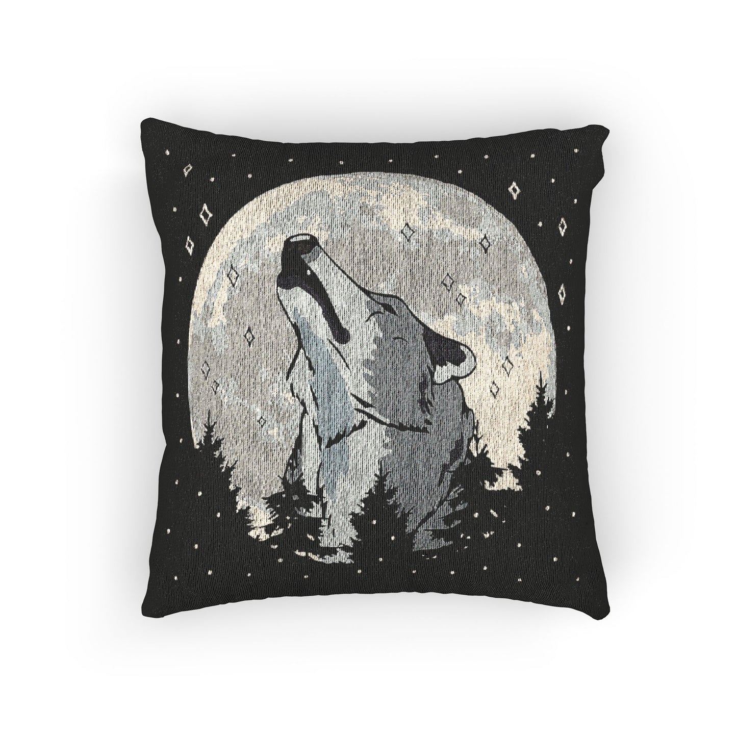 Moonlit Wolf Woven Pillow, Cozy Cabin Decor, Rustic Home Accent, Wolf Lovers Gift, Night Sky Cushion, Unique Animal Throw Pillow