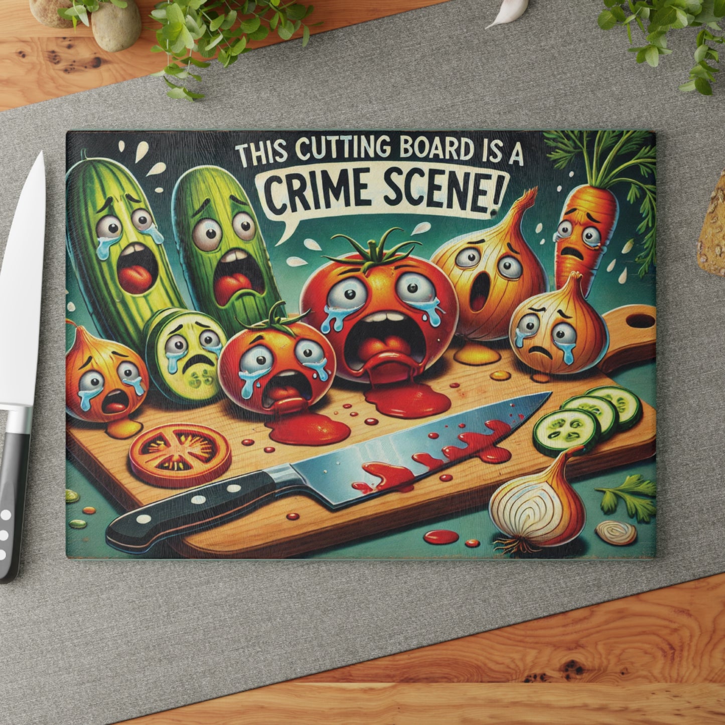 Vibrant Glass Cutting Board - Funny Vegtables Crime Scene Design