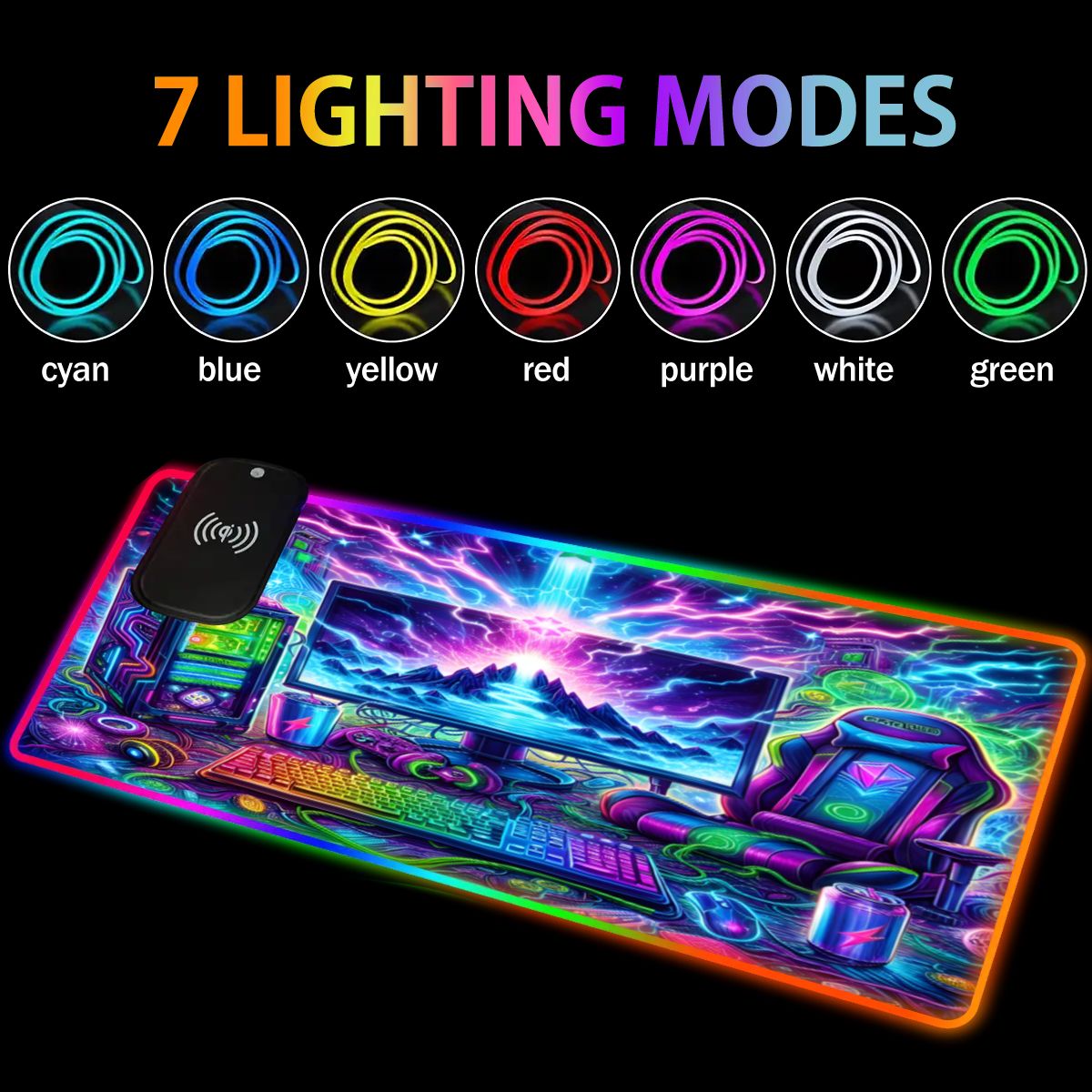 Cyber PC Gaming setup Wireless Charging RGB Mouse Pad (8:3)