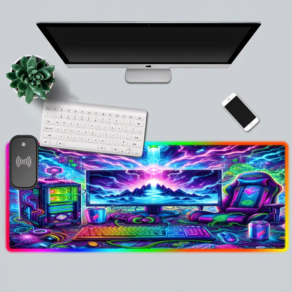 Cyber PC Gaming setup Wireless Charging RGB Mouse Pad (8:3)