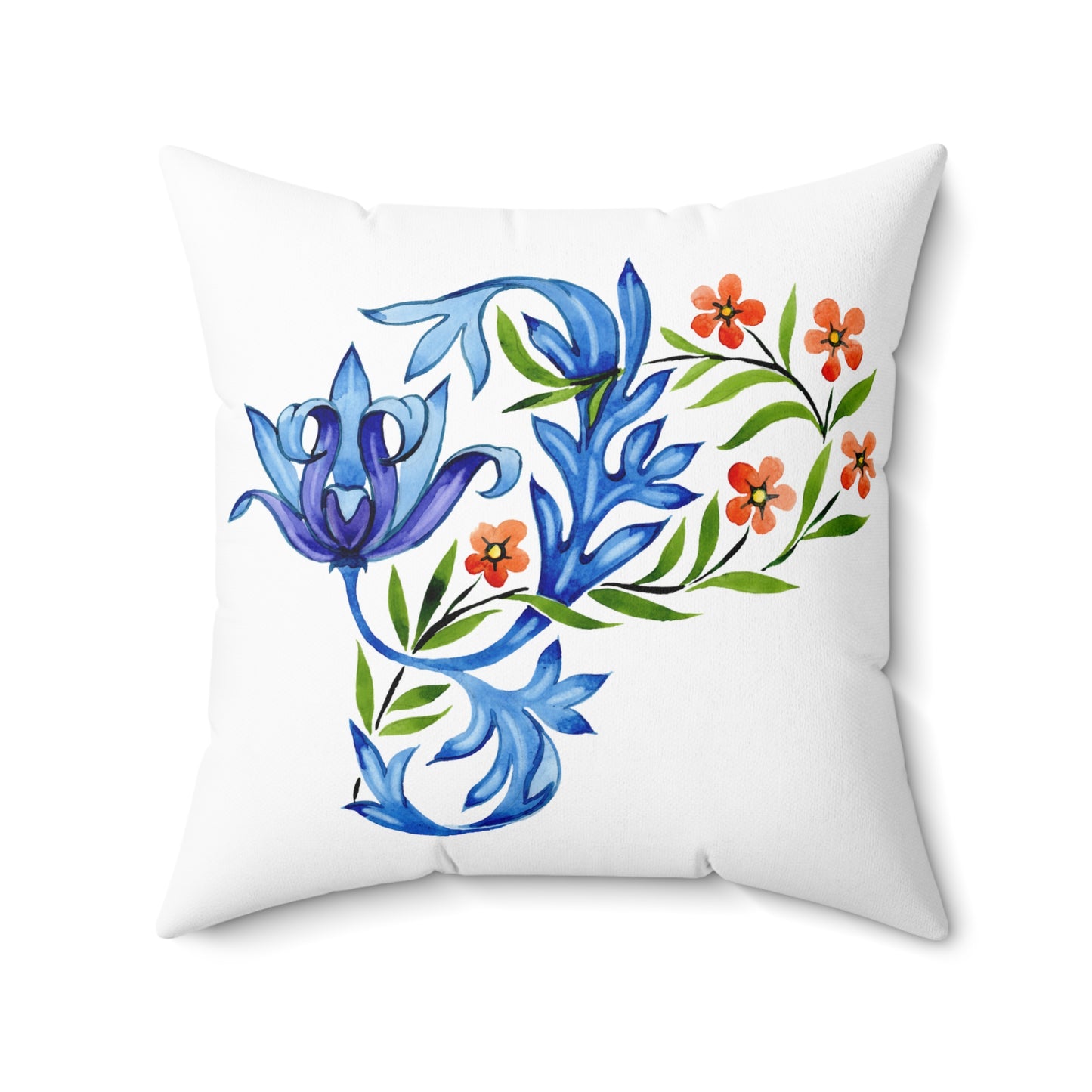 Floral Decorative Pillow with Blue and Orange Design, Home Decor, Couch Cushion, Gift for Her, Botanical Accent Pillow