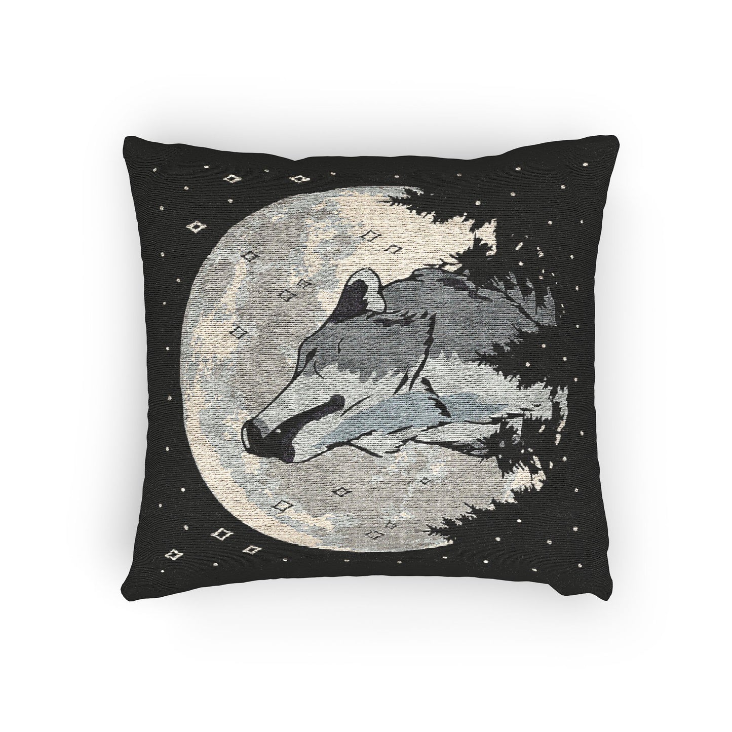 Moonlit Wolf Woven Pillow, Cozy Cabin Decor, Rustic Home Accent, Wolf Lovers Gift, Night Sky Cushion, Unique Animal Throw Pillow