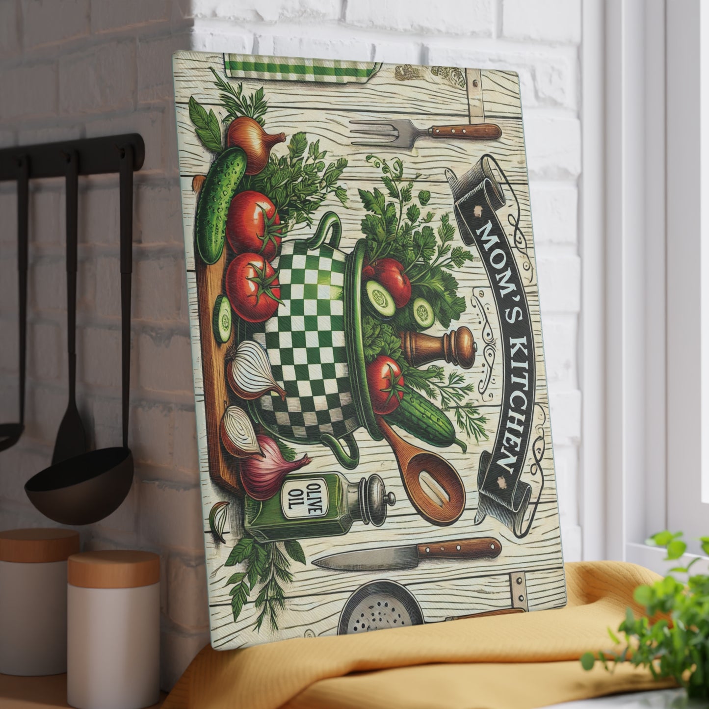Rustic Kitchen Glass Cutting Board, Mom's Kitchen Decor, Unique Gift for Cooking Enthusiasts, Housewarming Gift, Farmhouse Kitchen