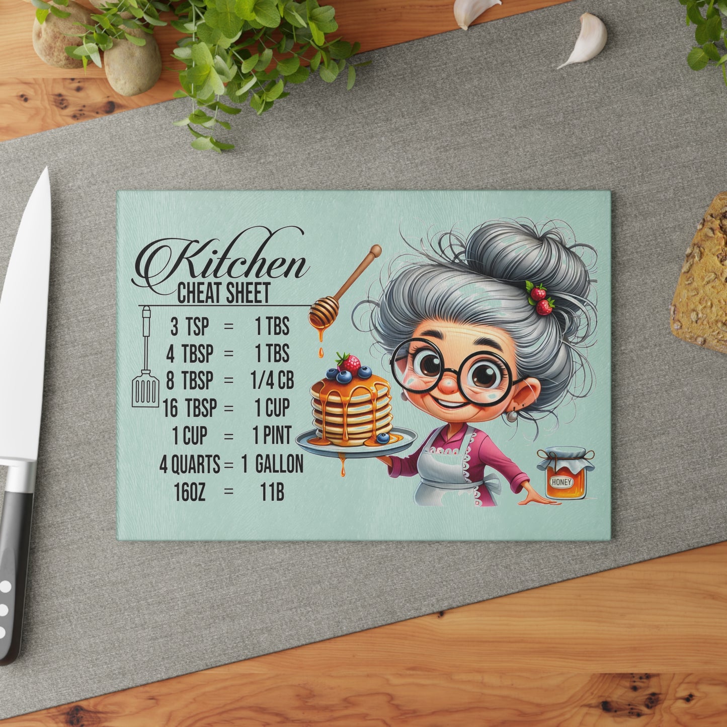 Charming Grandma Kitchen Cutting Board, Kitchen Decor, Cooking Gift, Unique Housewarming Gift, Chef Cheat Sheet Glass Board