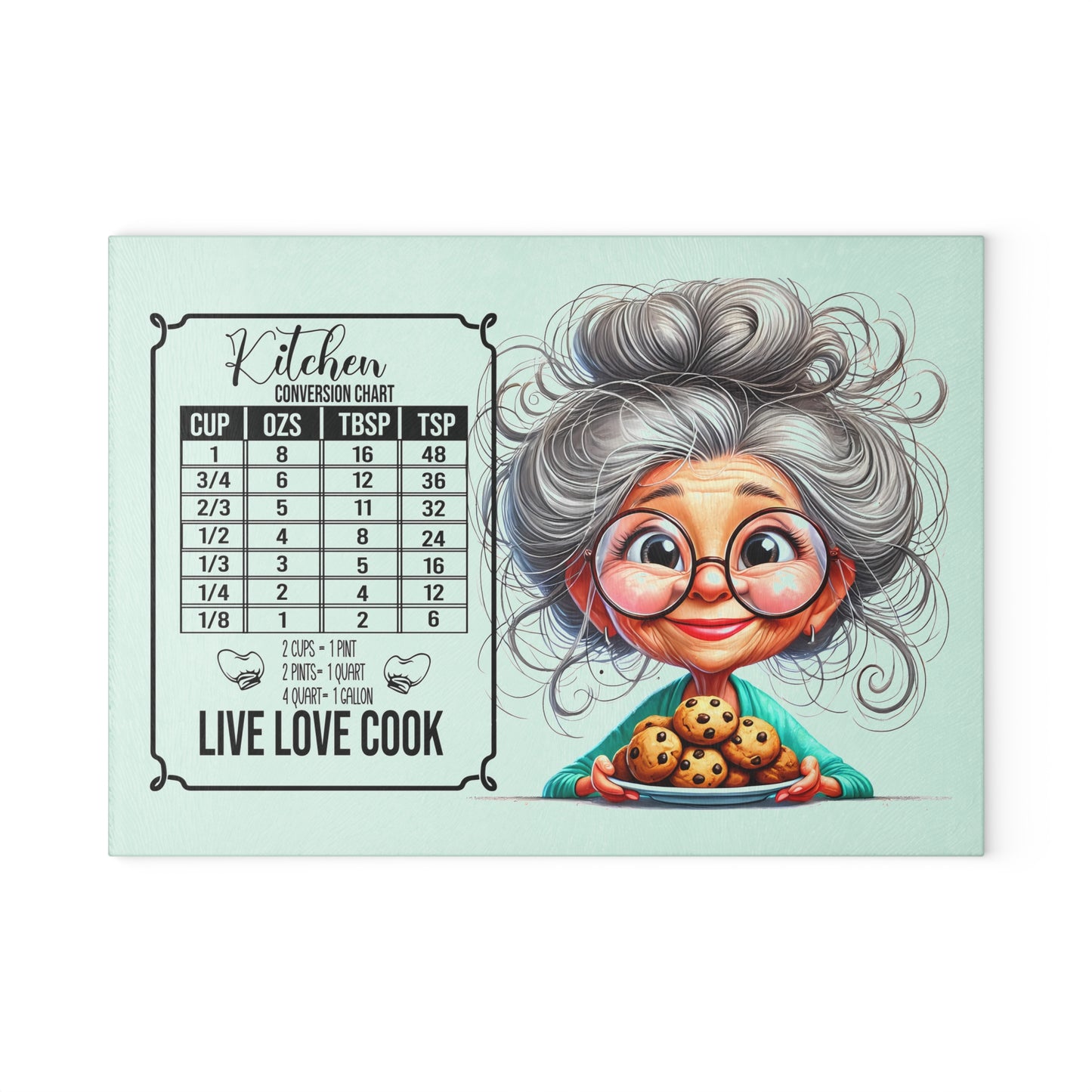 Charming Glass Cutting Board with Cooking Conversion Chart, Kitchen Decor, Gift for Cooks, Live Love Cook Chef's Tool, Grandma Gift