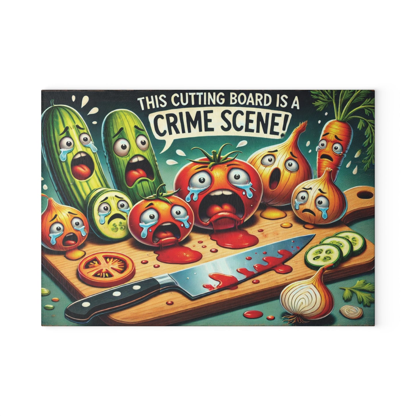 Vibrant Glass Cutting Board - Funny Vegtables Crime Scene Design