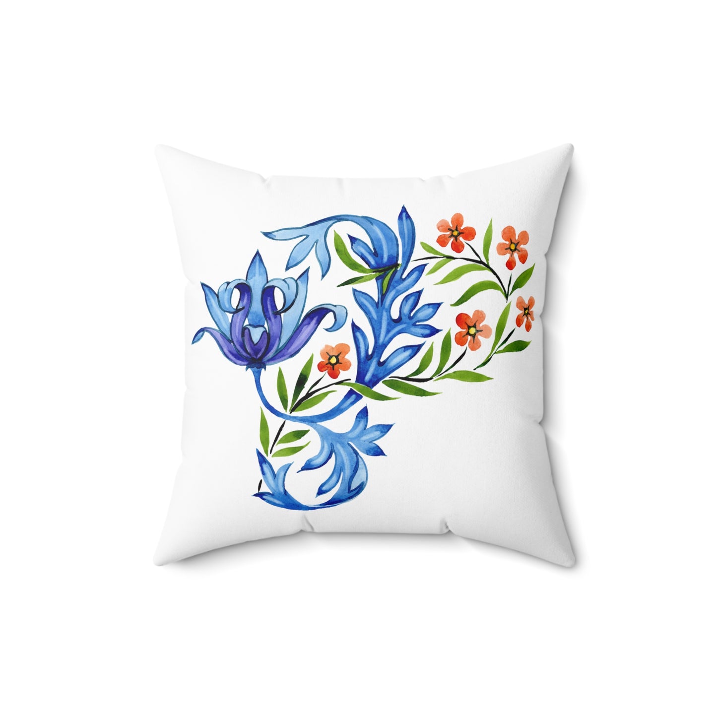 Floral Decorative Pillow with Blue and Orange Design, Home Decor, Couch Cushion, Gift for Her, Botanical Accent Pillow