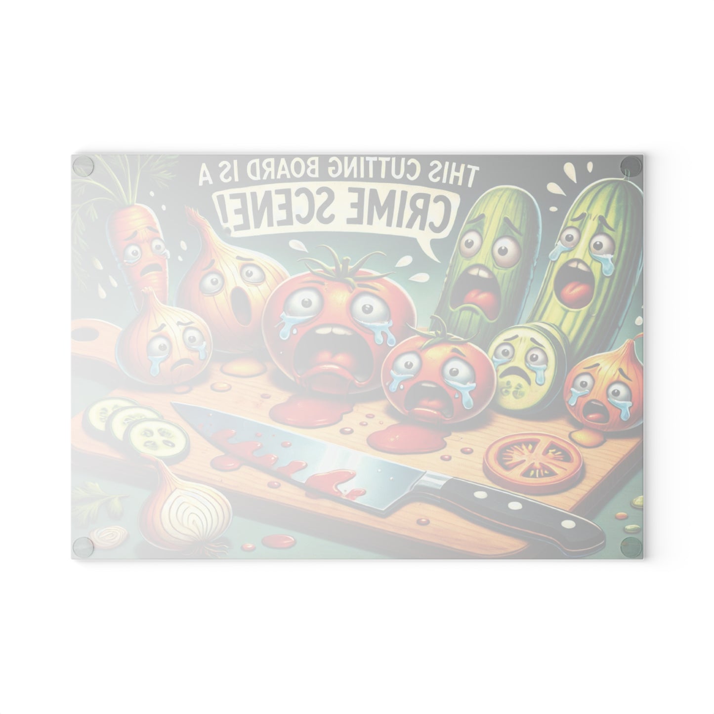 Vibrant Glass Cutting Board - Funny Vegtables Crime Scene Design