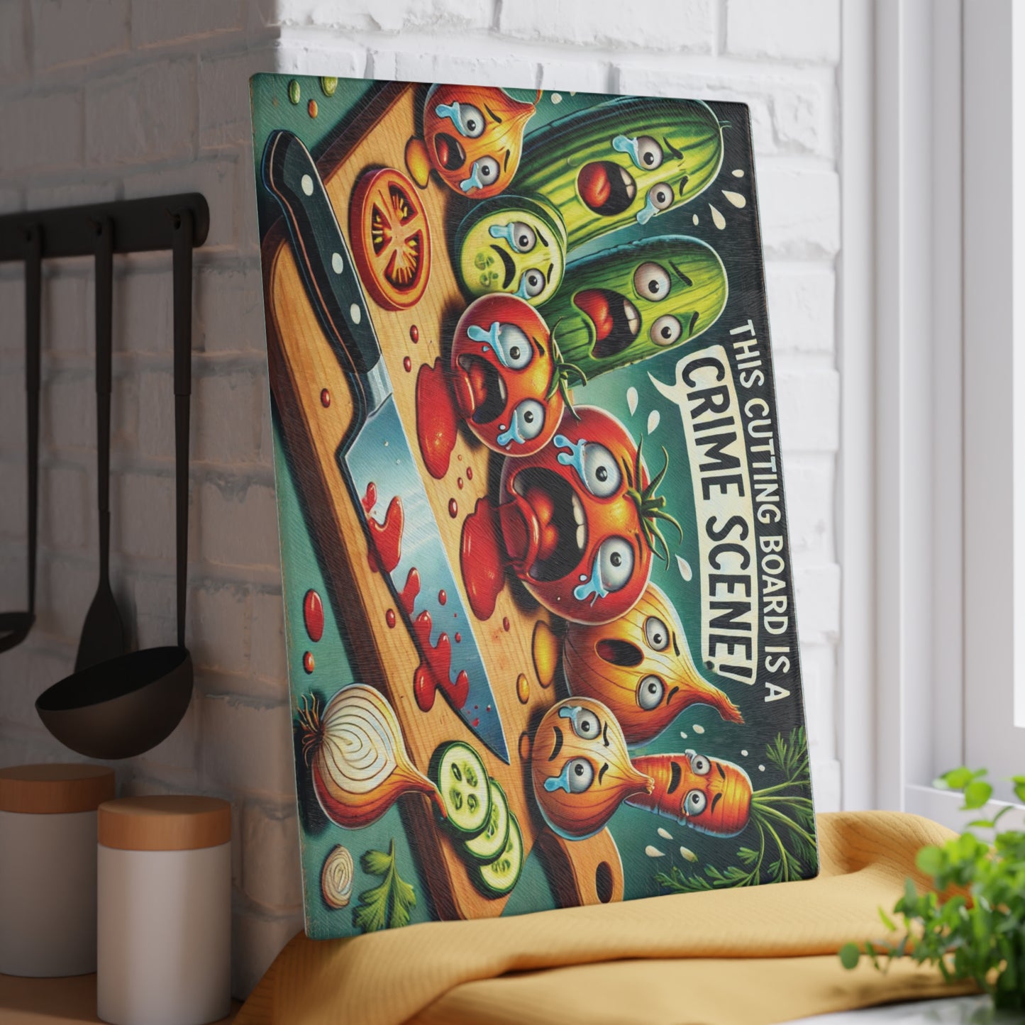 Vibrant Glass Cutting Board - Funny Vegtables Crime Scene Design
