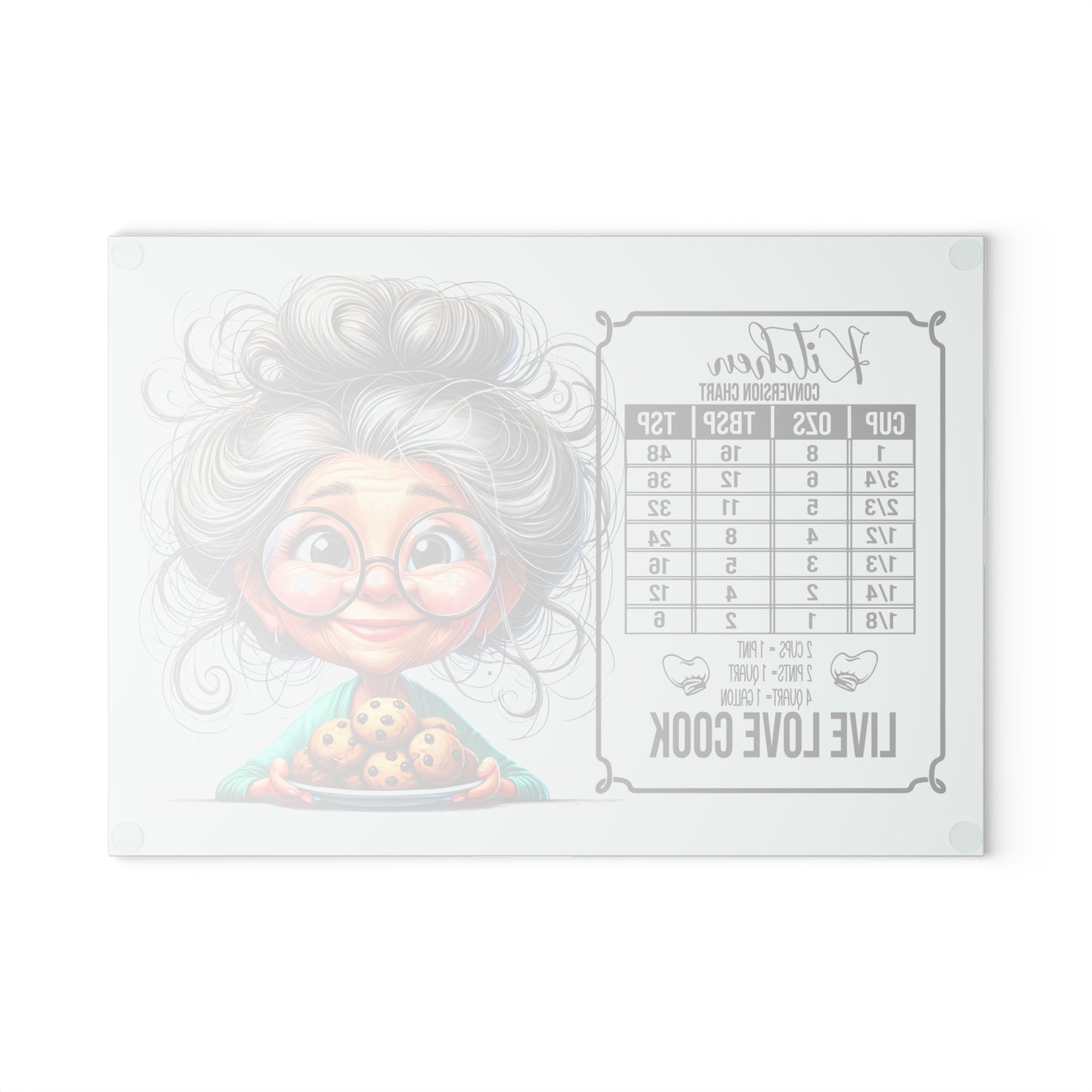 Charming Glass Cutting Board with Cooking Conversion Chart, Kitchen Decor, Gift for Cooks, Live Love Cook Chef's Tool, Grandma Gift