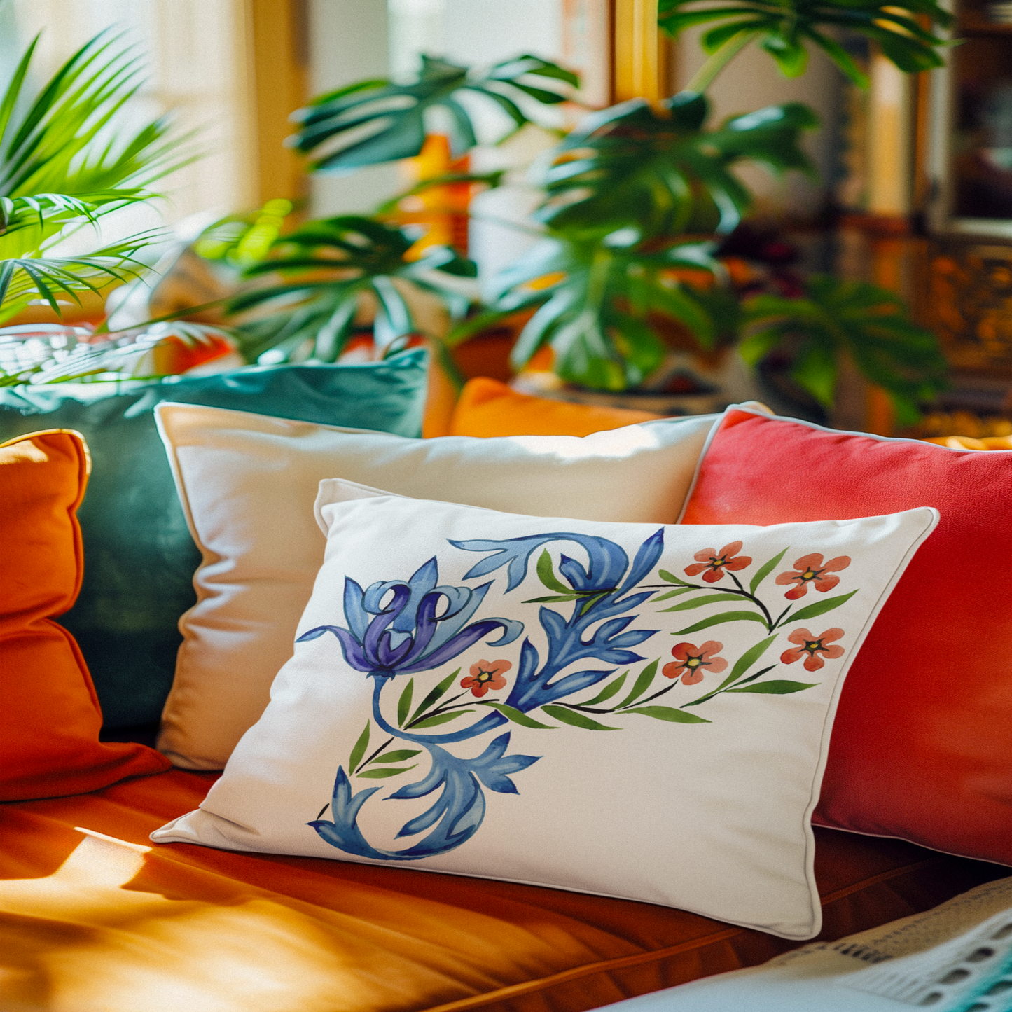 Floral Decorative Pillow with Blue and Orange Design, Home Decor, Couch Cushion, Gift for Her, Botanical Accent Pillow