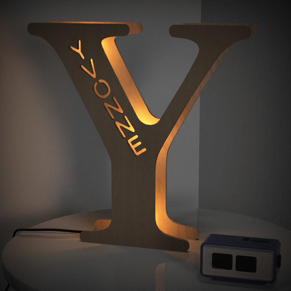 Personalized wooden letter Y night light with custom name 'YONNE' design, warm glow, 19CM, custom name lamp