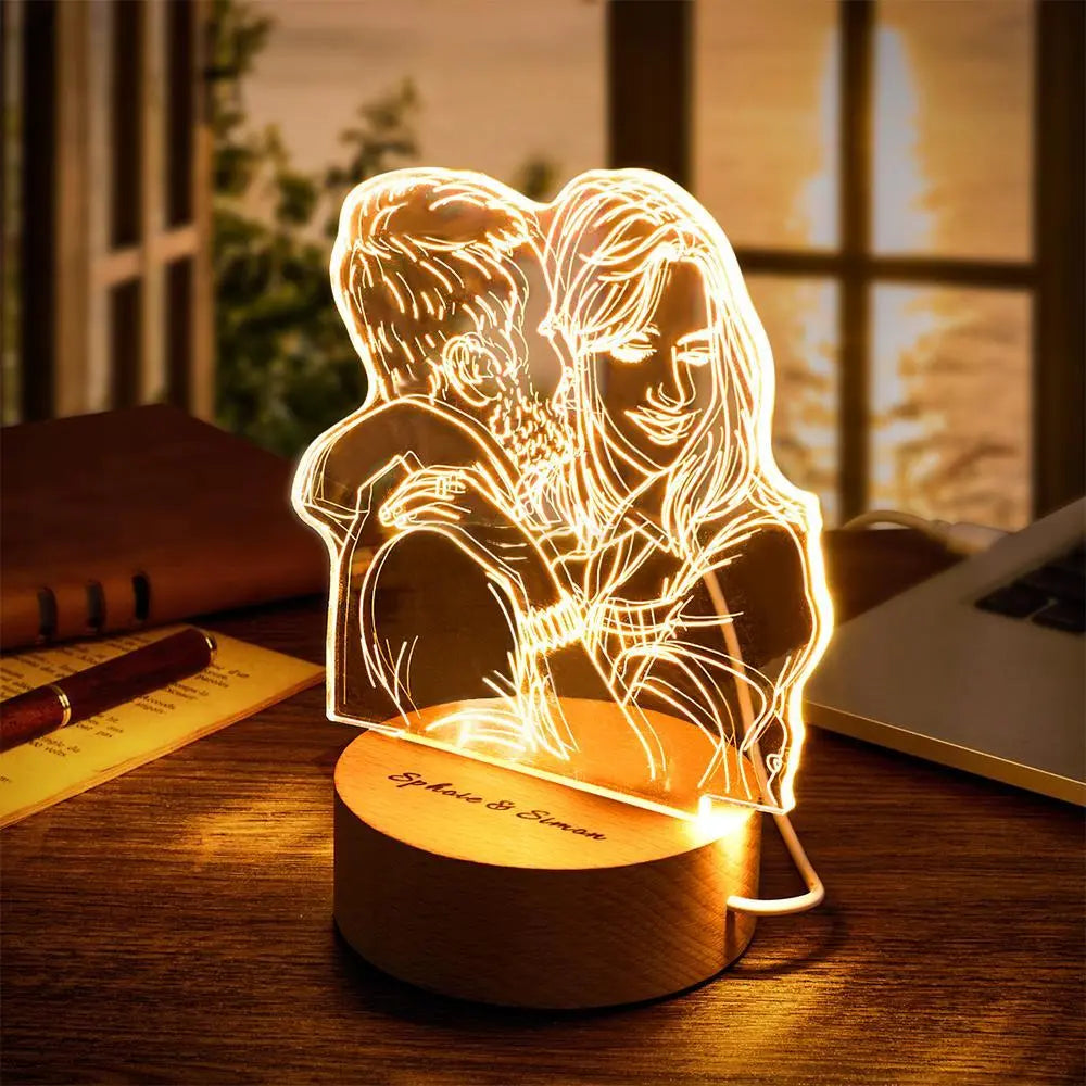 Custom 3D photo lamp with engraved couple, warm LED light, and wooden base. Personalized night light gift idea.