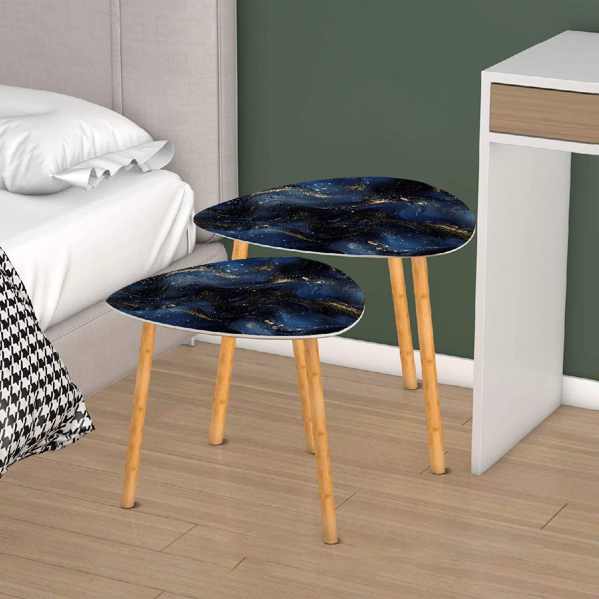 Small Coffee Nesting Table set Luxury Blue Marble Gold Abstract Texture Indigo Ocean Blue marbling Modern Minimalist Side Table Triangle End Tea Table Center Table Set of 2Living Room Bedroom