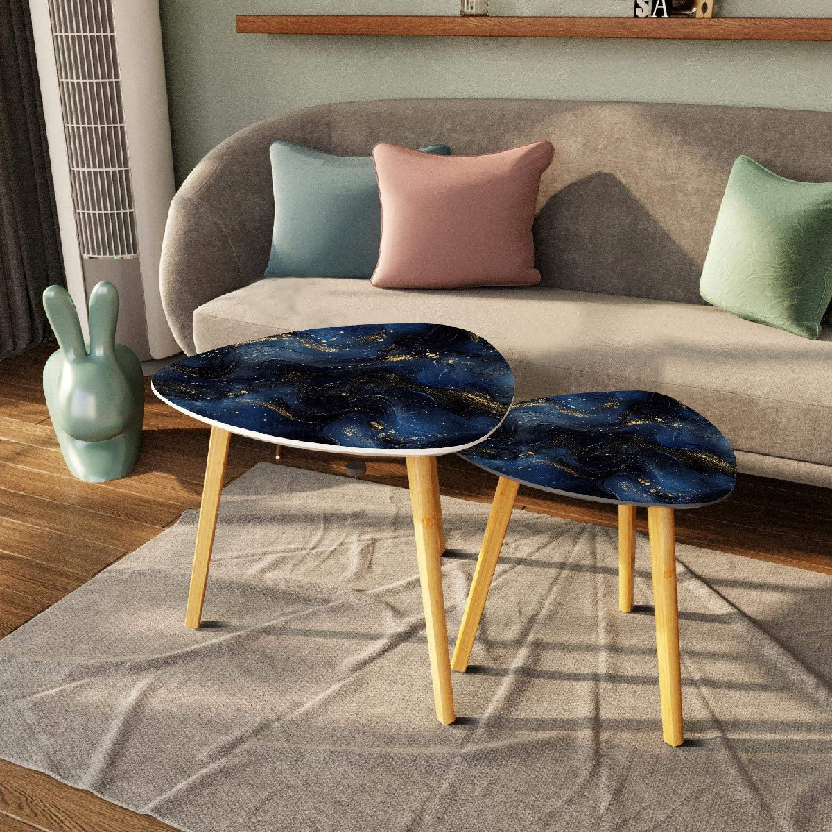 Small Coffee Nesting Table set Luxury Blue Marble Gold Abstract Texture Indigo Ocean Blue marbling Modern Minimalist Side Table Triangle End Tea Table Center Table Set of 2Living Room Bedroom