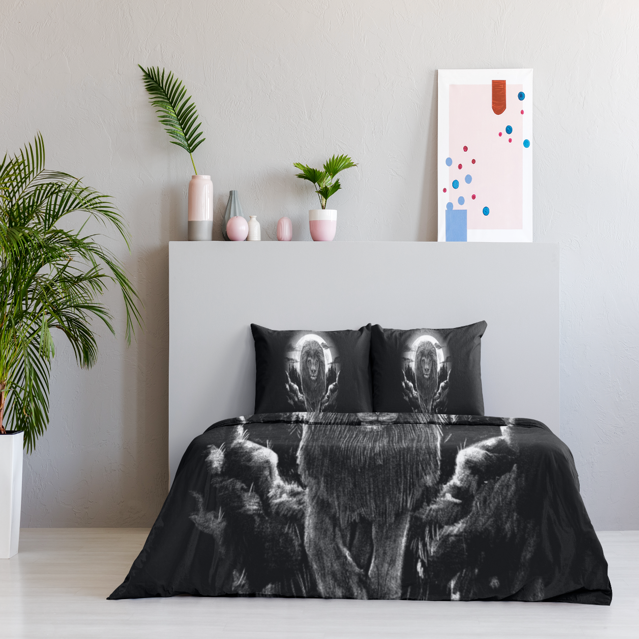 Lion & Moon Bedding Set for Boys Girls Bedroom Decor Gray Lion Africa Animal