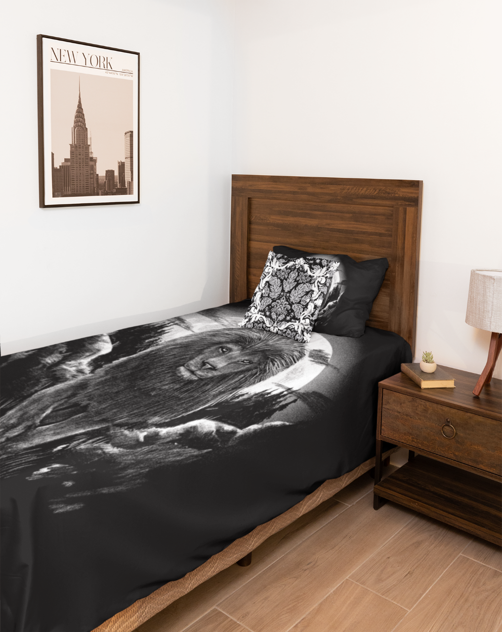 Lion & Moon Bedding Set for Boys Girls Bedroom Decor Gray Lion Africa Animal