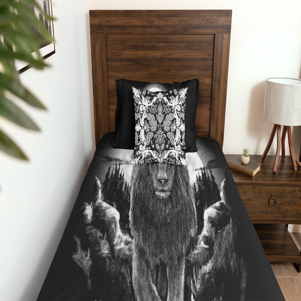 Lion & Moon Bedding Set for Boys Girls Bedroom Decor Gray Lion Africa Animal