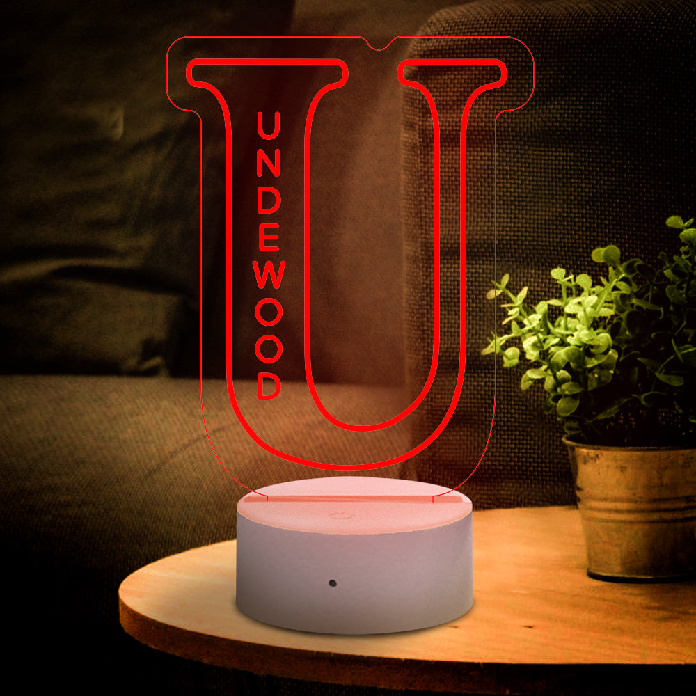 Custom 'U' LED Night Light with 'UNDERWOOD' Name, Acrylic Lamp, USB Powered, Home Decor Gift