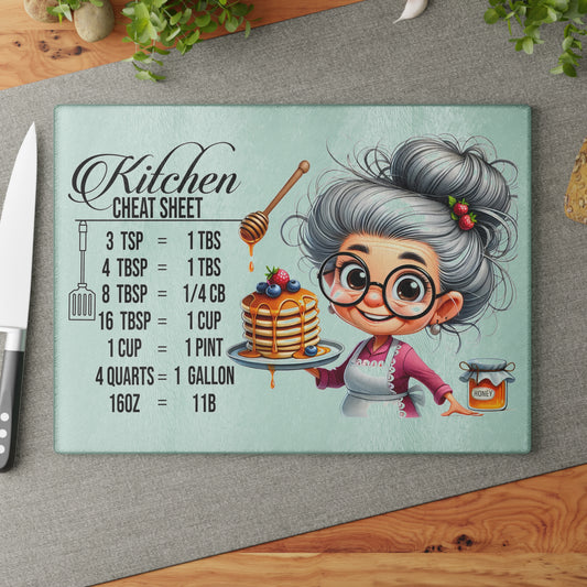 Charming Grandma Kitchen Cutting Board, Kitchen Decor, Cooking Gift, Unique Housewarming Gift, Chef Cheat Sheet Glass Board