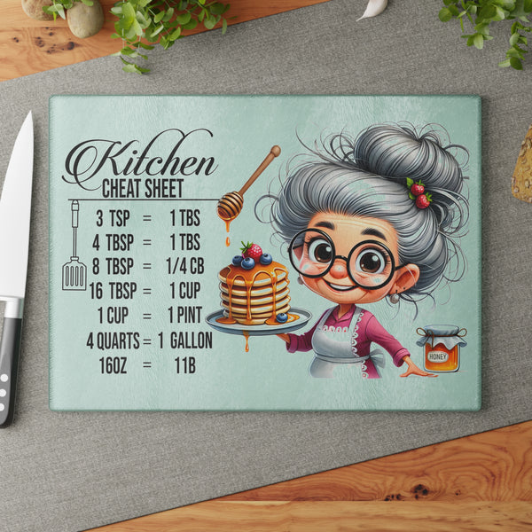 Charming Grandma Kitchen Cutting Board, Kitchen Decor, Cooking Gift, Unique Housewarming Gift, Chef Cheat Sheet Glass Board