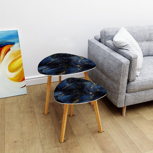 Small Coffee Nesting Table set Luxury Blue Marble Gold Abstract Texture Indigo Ocean Blue marbling Modern Minimalist Side Table Triangle End Tea Table Center Table Set of 2Living Room Bedroom