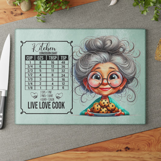 Charming Glass Cutting Board with Cooking Conversion Chart, Kitchen Decor, Gift for Cooks, Live Love Cook Chef's Tool, Grandma Gift
