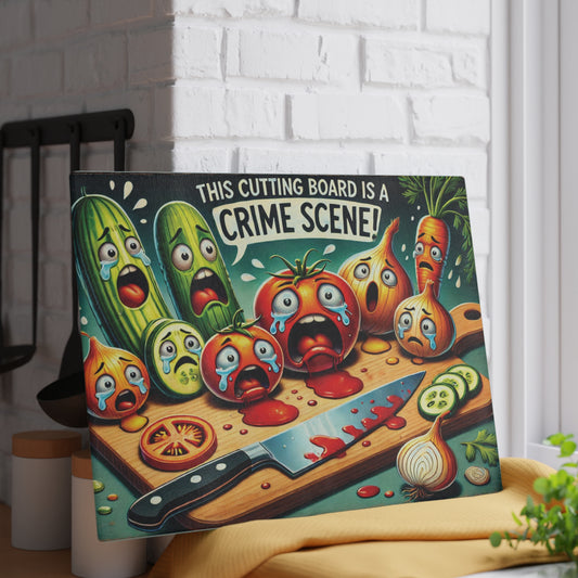 Vibrant Glass Cutting Board - Funny Vegtables Crime Scene Design