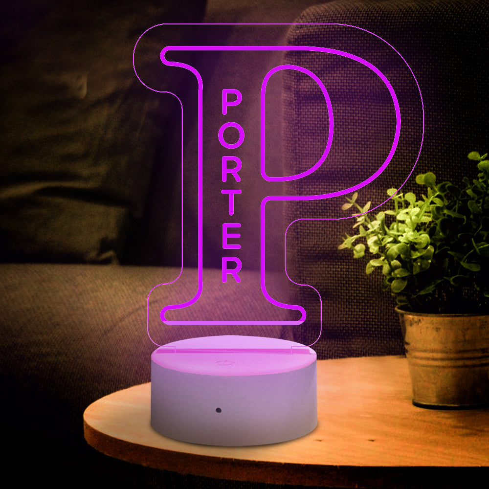 Custom "P" LED night light with "PORTER" name, acrylic lamp, USB powered, home decor gift.