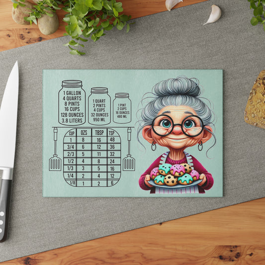 Whimsical Grandma Cooking Glass Cutting Board, Kitchen Decor, Gifts for Bakers, Funny Home Decor, Housewarming Gift