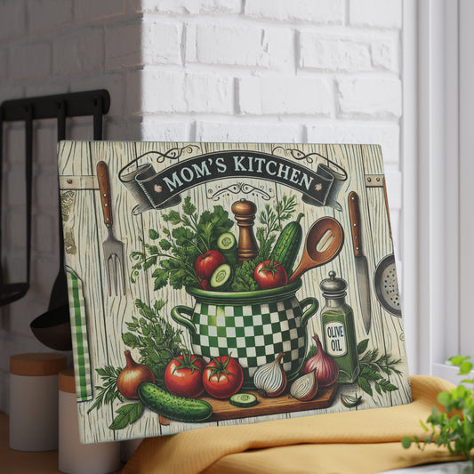 Rustic Kitchen Glass Cutting Board, Mom's Kitchen Decor, Unique Gift for Cooking Enthusiasts, Housewarming Gift, Farmhouse Kitchen