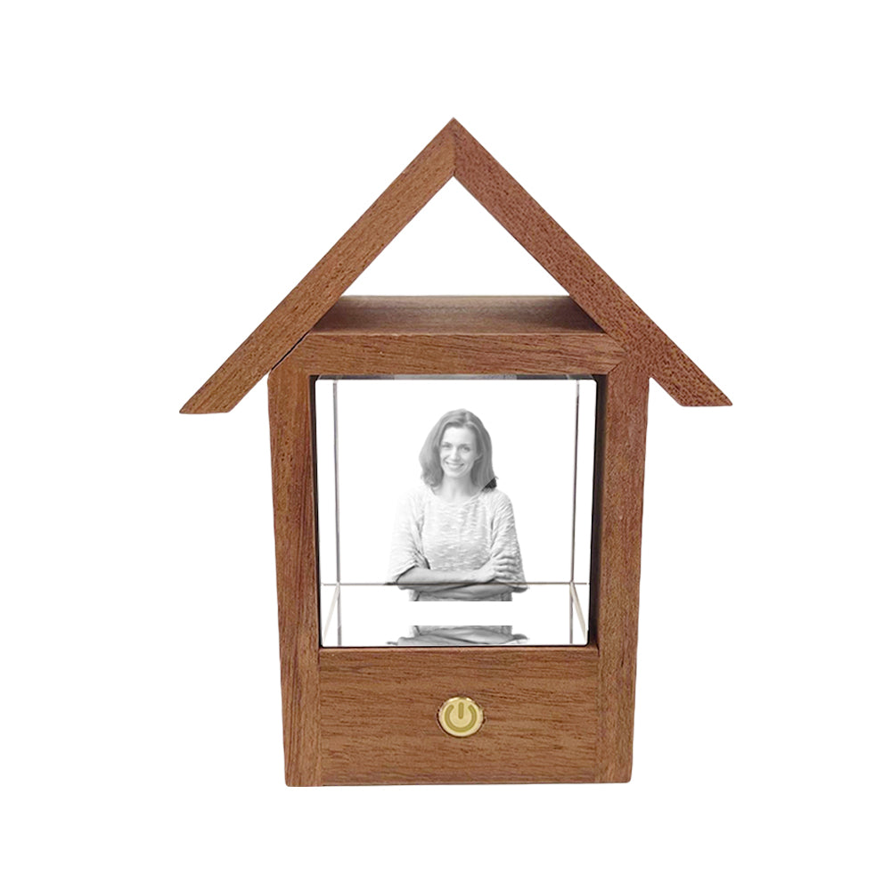 Custom wooden house night light with 3D crystal photo of a woman, personalized engraving, and warm light